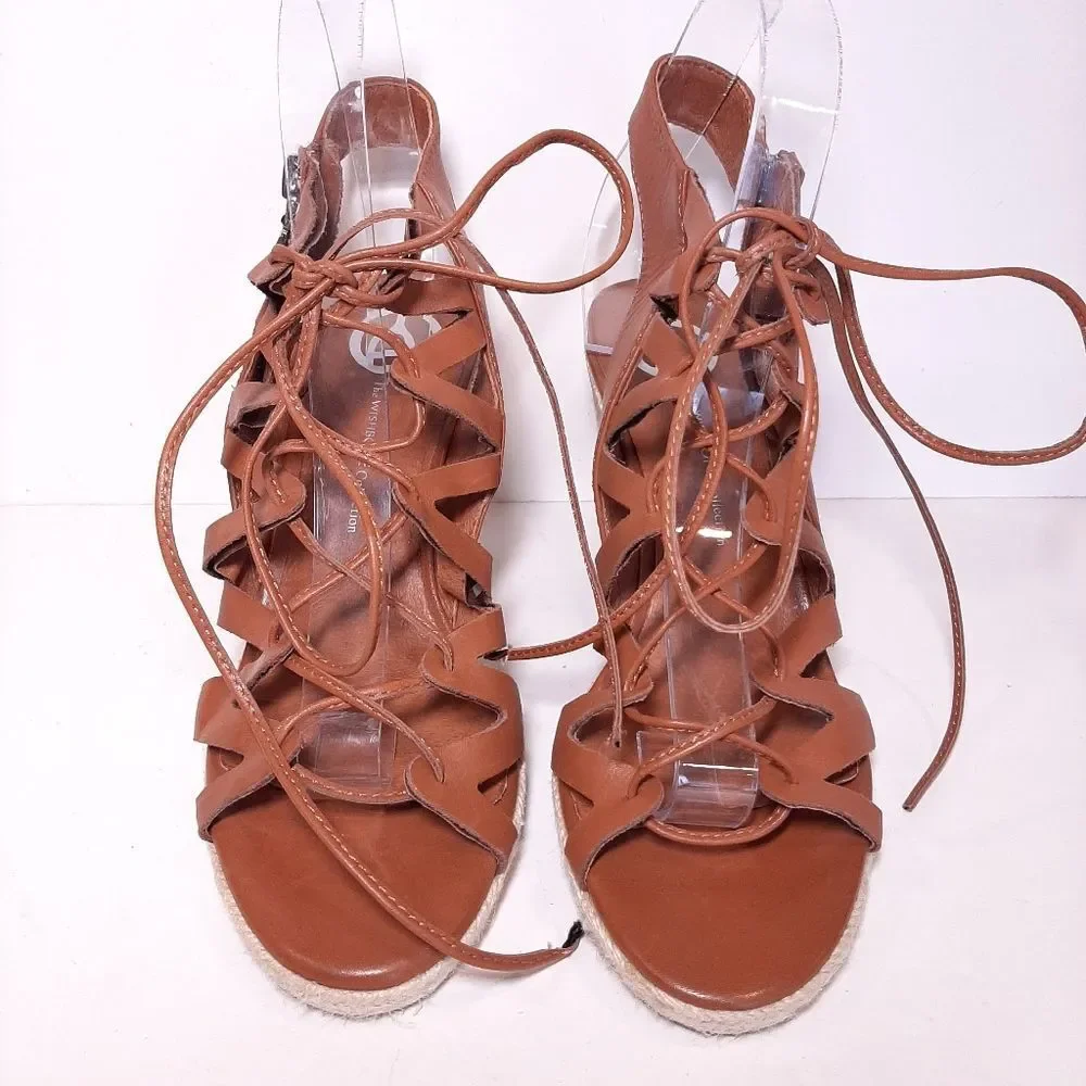 Wishbone Faux Leather Strappy Lace Up Espadrille Wedge Sandals Heels Shoes 7